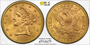 1908 $5 Liberty MS66+