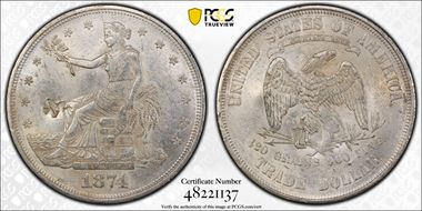 1874 T$1 Chopmarked AU58