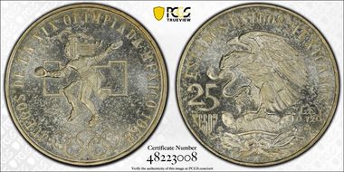 1968-Mo 25 Peso Olympic KM-479.1 Rings Align, Straight Tongue MS68