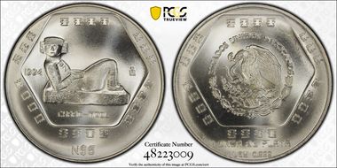 1994-Mo 5 Peso Chaac Mool  KM-574  Ag MS68