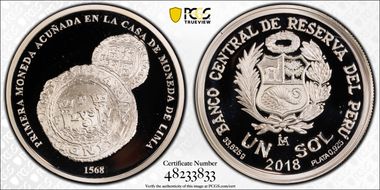 2018-L Sol 450th Ann. - 1st Peruvian Coin PR70DCAM