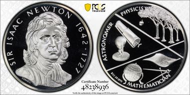 1970-FM Medal Sir Isaac Newton Ag BCS 20th Issue PR68DCAM