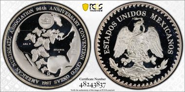 1987-Mo 5 Onza X#MB35, 96th ANA Convention Ag PR66DCAM