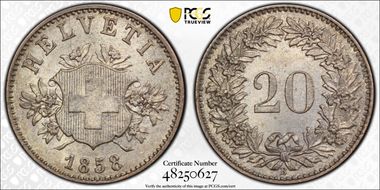 1858 B 20 Rap MS65