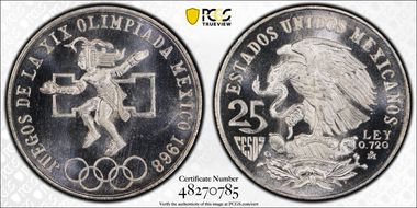 1968-Mo 25 Peso Olympic KM-479.1 Rings Align, Straight Tongue MS68