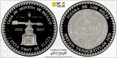 1993-Mo Onza Aztec Sun Stone .999 Ag Small Weight/Fineness PR69DCAM