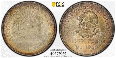 1950-Mo 5 Peso Southeastern Railroad KM-466  Ag MS66
