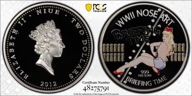 2012 $2 Briefing Time WWII Nose Art Colorized PR70DCAM