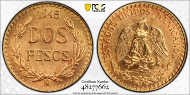 1945-Mo 2 Peso Double Mint Mark Obv/Rev MS66
