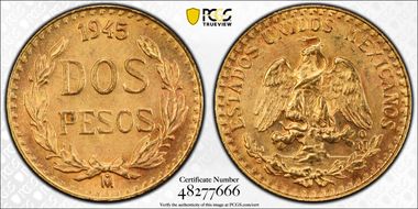 1945-Mo 2 Peso Double Mint Mark Obv/Rev MS65