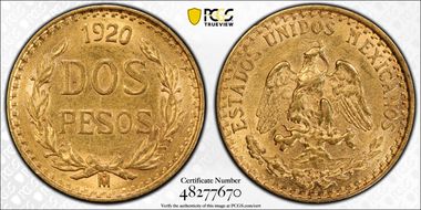 1920-Mo 2 Peso KM-461  Au MS63