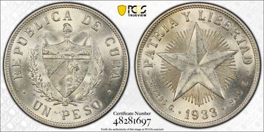 1933 Peso KM-15.2  Ag MS64