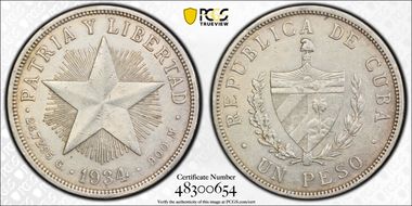 1934 Peso KM-15.2  Ag AU50