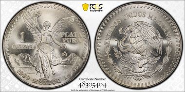 1989-Mo Onza Libertad Ag w/o Dot 999 MS69