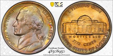 1938-D 5C Jefferson MS67+