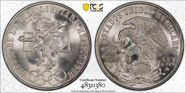 1968-Mo 25 Peso Olympic KM-479.1 Rings Align, Straight Tongue MS68