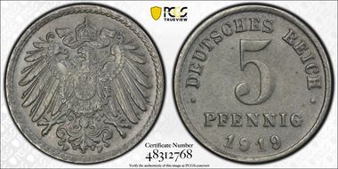 1919-F 5 Pfg J-297 MS63