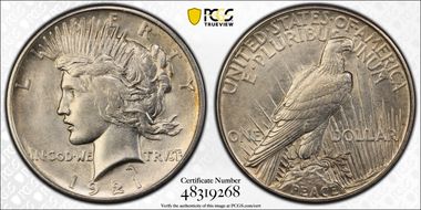 1921 $1 High Relief, Peace AU55