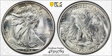1944-D 50C FS-901, Hand Engraved Initials MS66