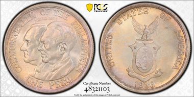 1936-M Peso Roosevelt-Quezon KM-177  Ag MS67