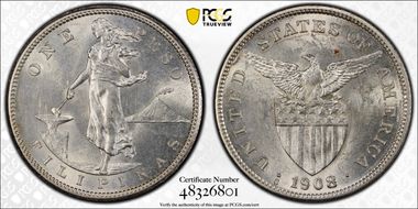 1908-S Peso KM-172  Ag MS62