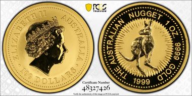 1999-P100 $100 Kangaroo-Nugget Au MS69