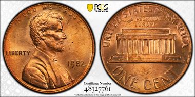 1982 1C Bronze, Small Date MS64RD