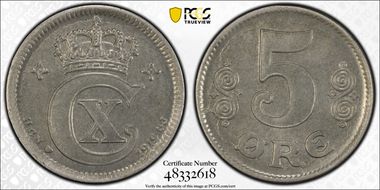 1919 HCN GJ 5 Øre KM-814.2a Iron MS65