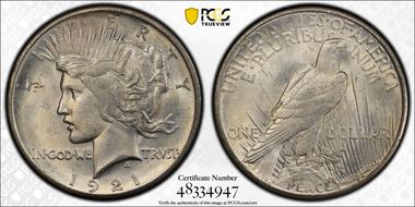 1921 $1 High Relief, Peace MS63