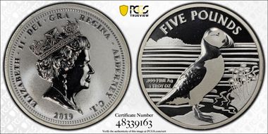2019 £5 Puffin Ag MS69