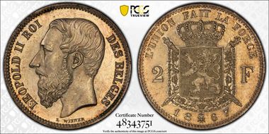 1867 2 Fr Crown w/ Cross KM-30.1  Ag MS63