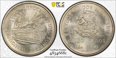 1950-Mo 5 Peso Southeastern Railroad KM-466  Ag MS66