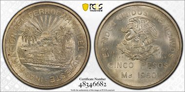 1950-Mo 5 Peso Southeastern Railroad KM-466  Ag MS65