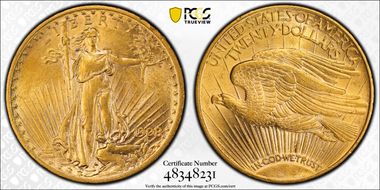 1908-D $20 Motto AU55
