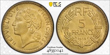 1939 5 Fr Gad-761 Bronze-Al MS64
