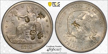 1876-S T$1 Type-I/II, Chopmarked AU50