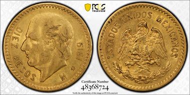 1919-M 10 Peso KM-473  Au AU53