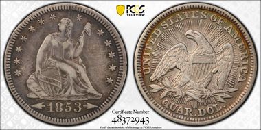1853 25C Arrows and Rays VF35