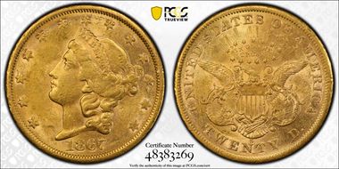 1867-S $20 AU58