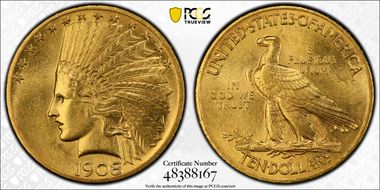1908 $10 Motto MS62