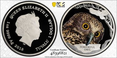2018 $1 Powerful Owl Colorized PR69DCAM