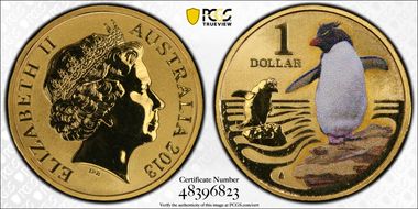 2013 $1 Rockhopper Penguin Al-Br Colorized MS69