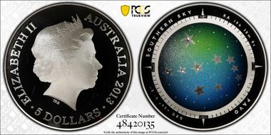 2013 $5 Pavo Southern Sky Colorized PR69DCAM