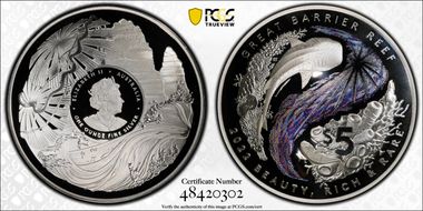 2022 $5 Great Barrier Reef Ag Colorized PR70DCAM