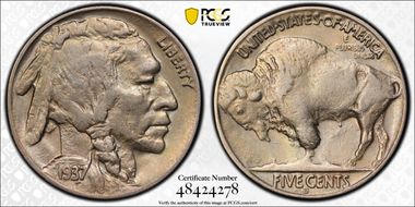 1937-D 5C 3 Legs AU53