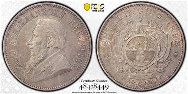 1892 5 Shil Single Shaft KM-8.1  Ag AU50