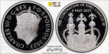 2023 £5 Coronation of Charles III  Piedfort Ag PR68DCAM
