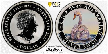 2023-P $1 Silver Swan Colorized MS70