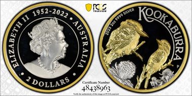 2023-P $2 Kookaburra 2oz Ag High Relief, Selective Gilt PR69DCAM