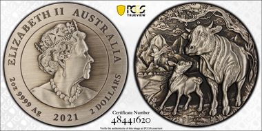 2021-P $2 Year of the Ox 2oz Ag  Antique Finish First Strike SP70